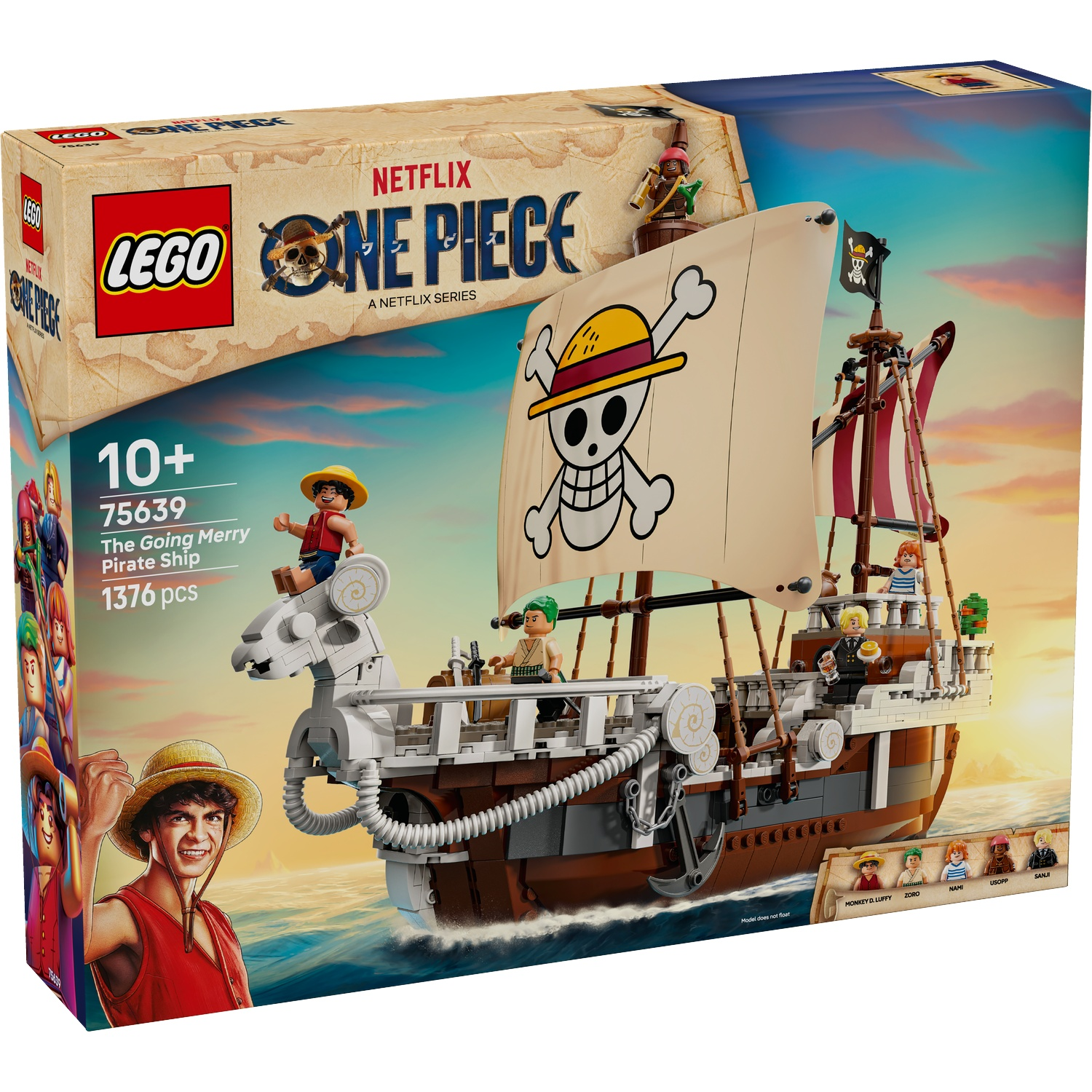 Lego One Piece pirate ship box. The Going Merry, with Luffy figure. Large sail with skull and crossbones. Characters and sea background.