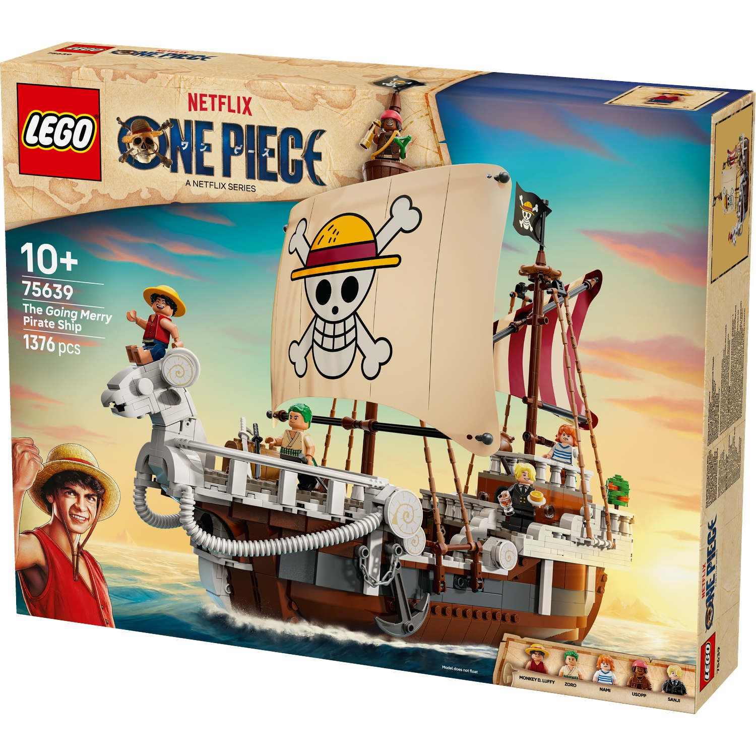Lego set box of the Going Merry pirate ship from One Piece. Features ship, characters, and the Netflix and Lego logos.