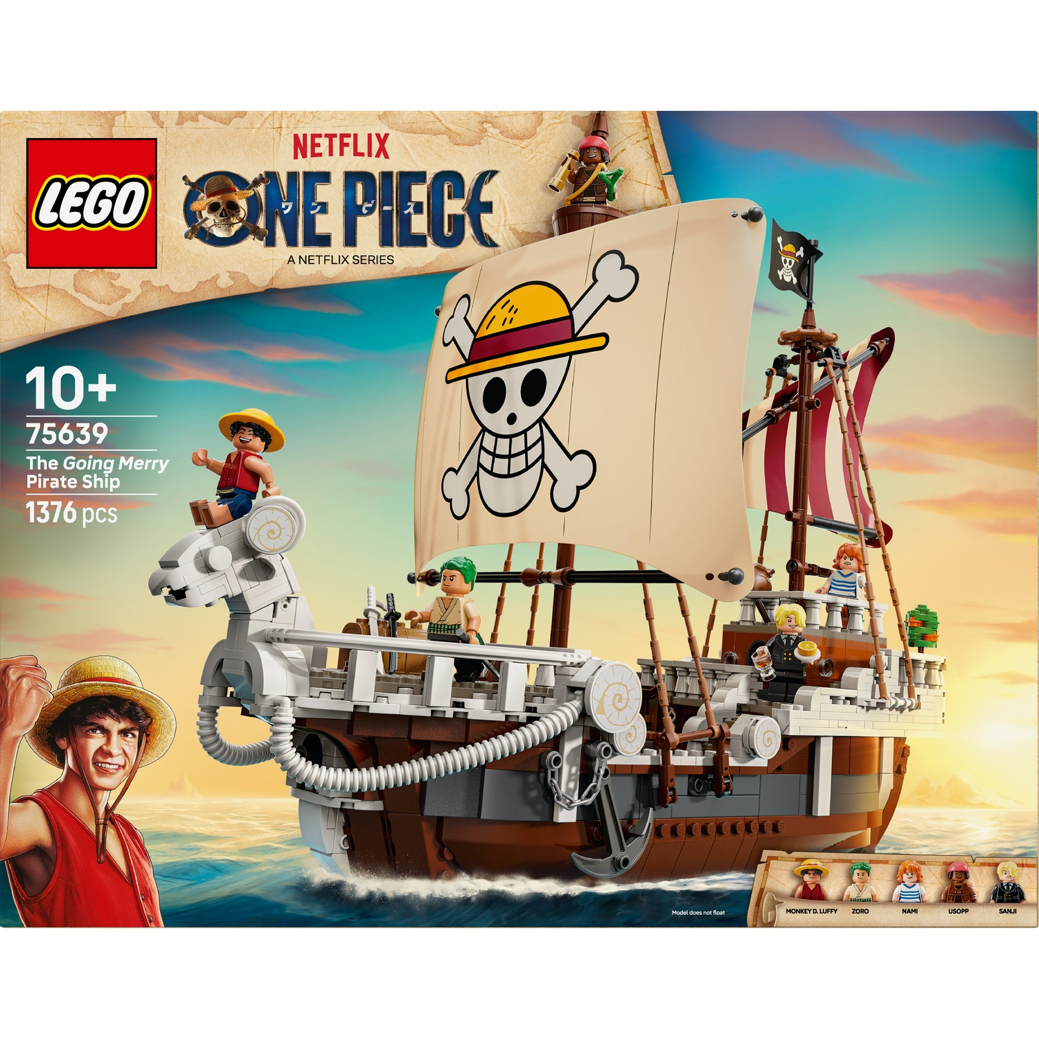 Lego One Piece pirate ship set. The ship has a large sail with a skull and crossbones. Several Lego figures are on the ship.