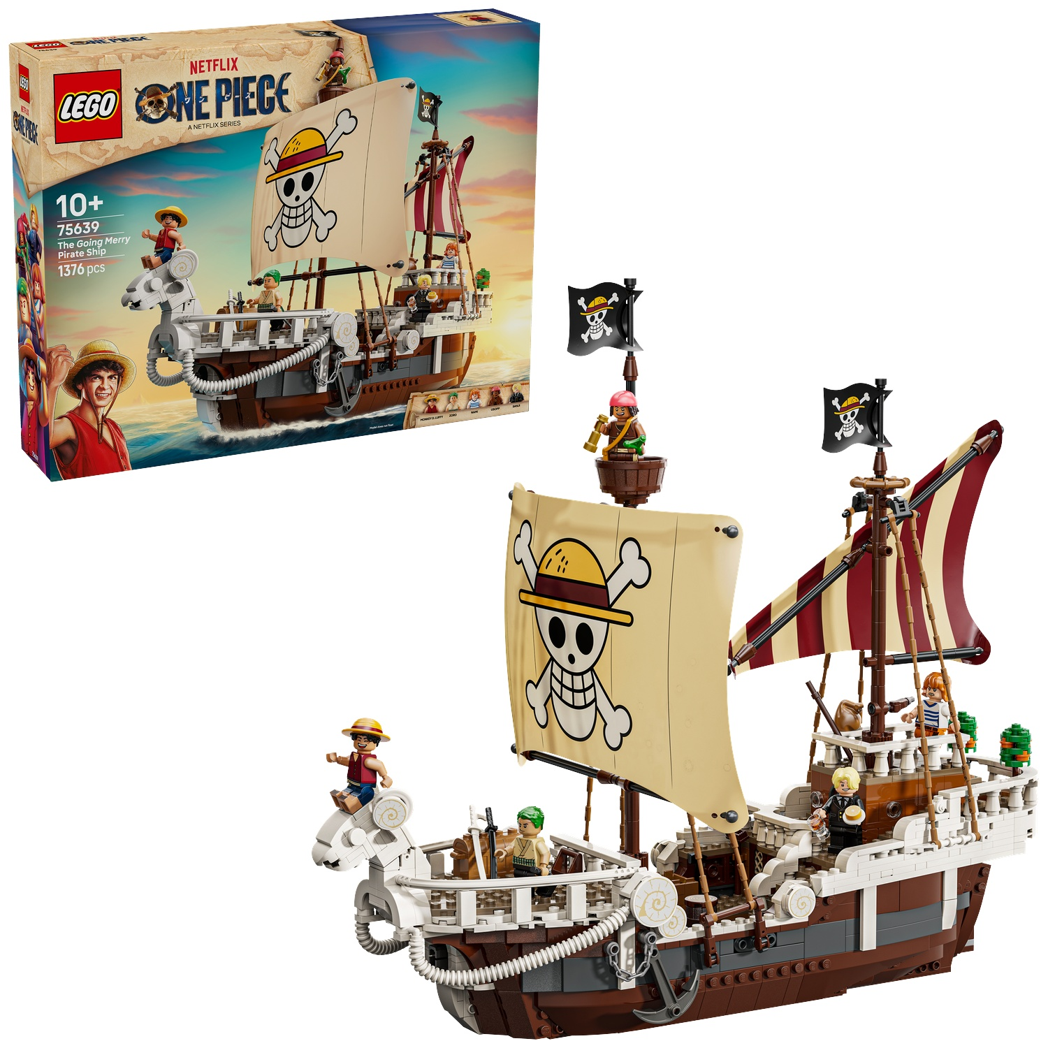 Lego set of the Going Merry pirate ship from One Piece. Features the ship, minifigures, and the box. Includes sails and a skull logo.