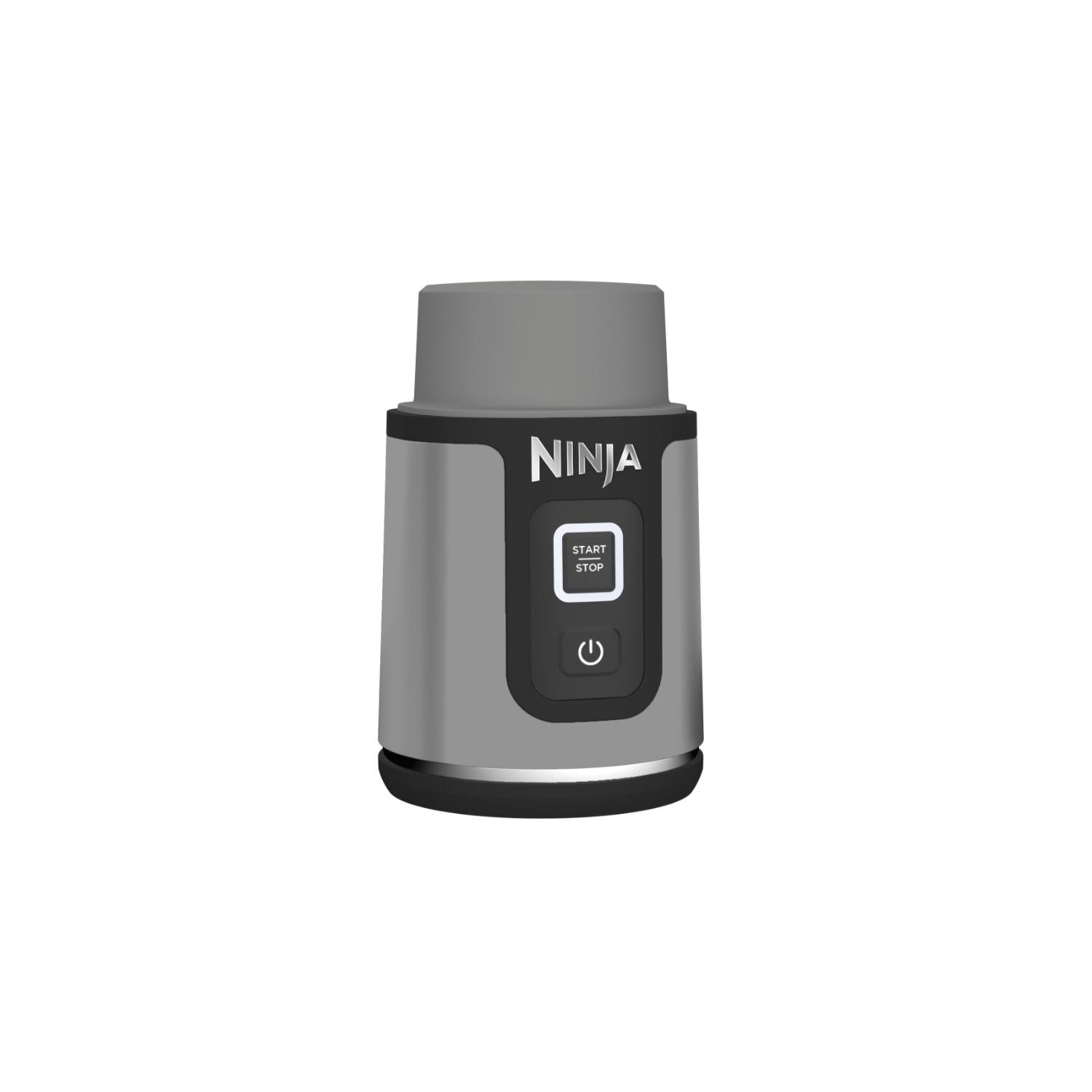 Een Ninja blender. Het heeft een grijze behuizing met een zwart bedieningspaneel met het Ninja-logo en de start/stop-knop. De achtergrond is wit.