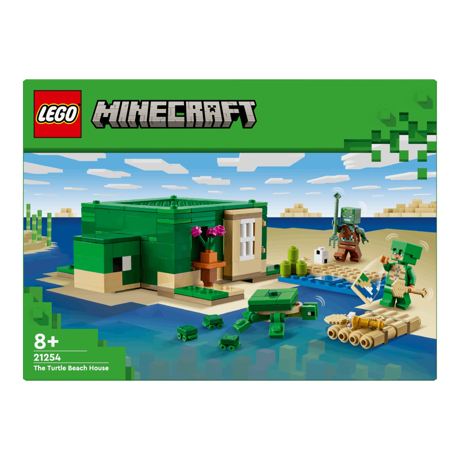 Lego Minecraft set. Een groen schildpaddenstrandhuis staat op het zand bij het water. Figuren staan op een vlot. De lucht is blauw.