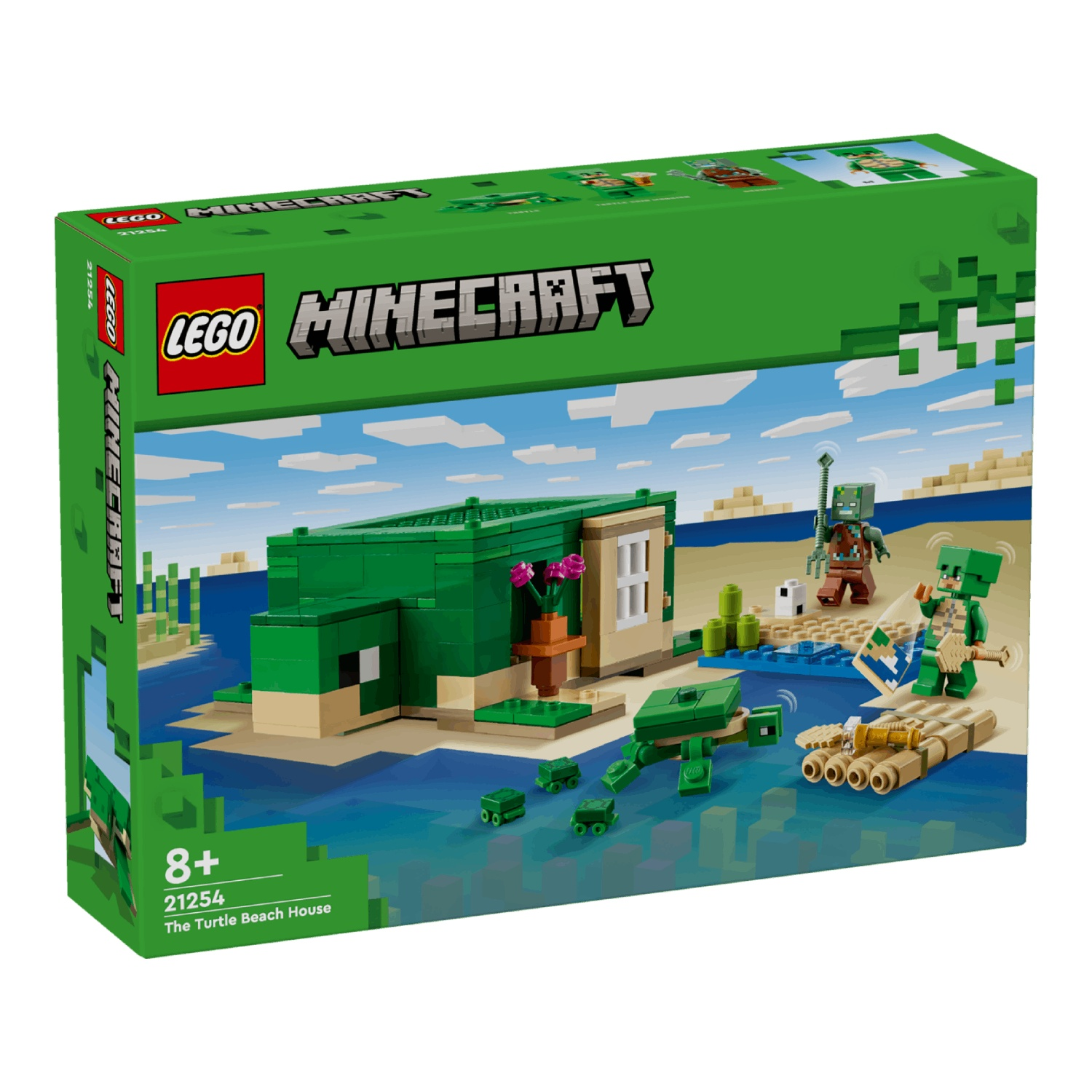 Lego Minecraft set. Een groen schildpadden-strandhuis, met diverse Lego-figuren op een strand met blauw water.