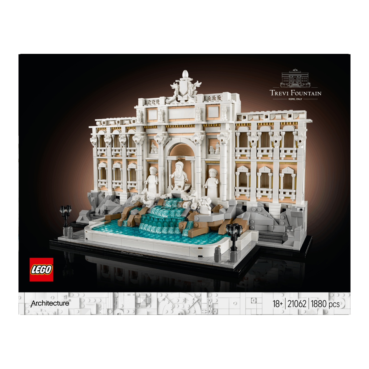 Lego Trevi-fontein model. Wit en beige gebouw met sculpturen en waterpartij. LEGO-logo en Architecture branding aanwezig.