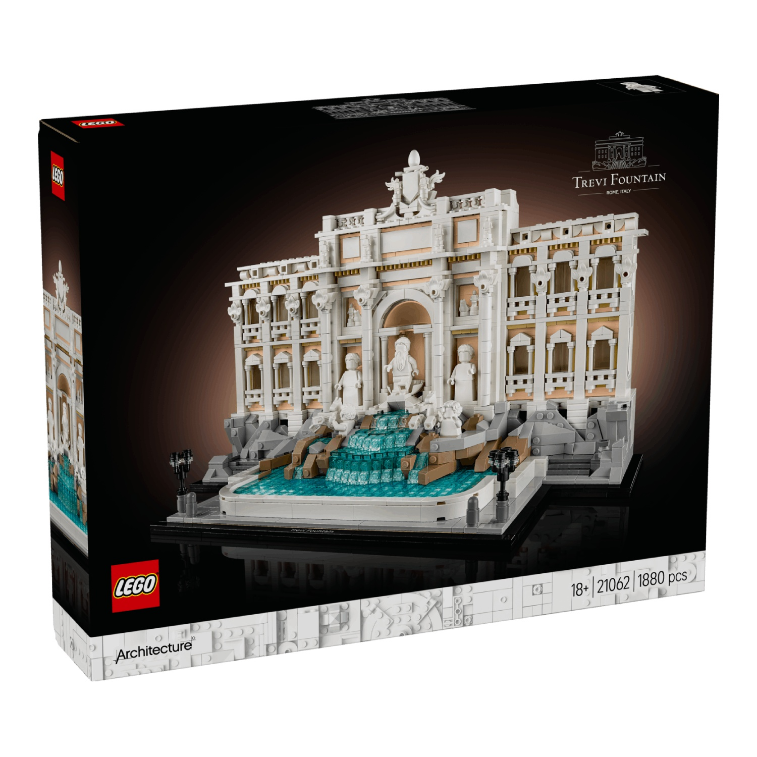 Lego Trevi Fontein doos. De set toont een wit gebouw met beelden. Het heeft een blauwe waterpartij, met het Lego logo in rood.