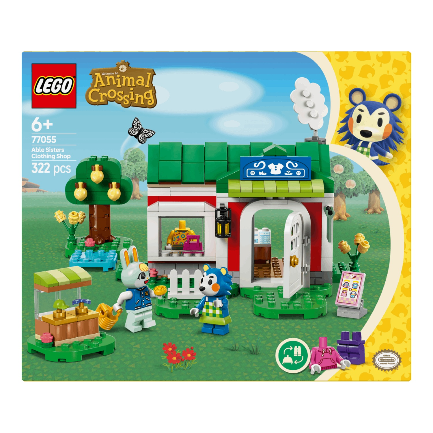 Lego-set met de Able Sisters Clothing Shop uit Animal Crossing. Bevat figuren, winkel, accessoires en een groen landschap.