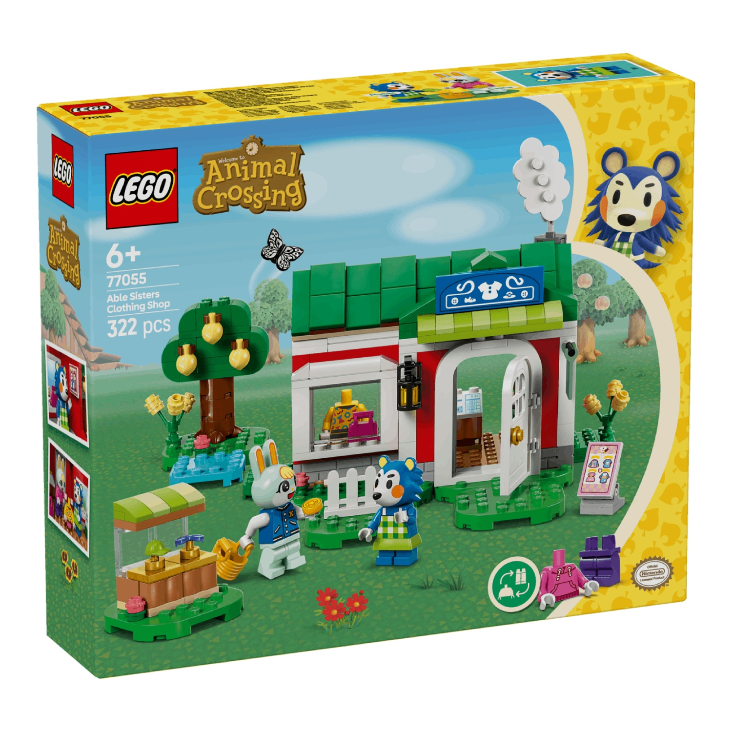 Lego set doos. Toont Animal Crossing-personages en een kledingwinkel. Bevat een konijn, een egel, een boom en accessoires.