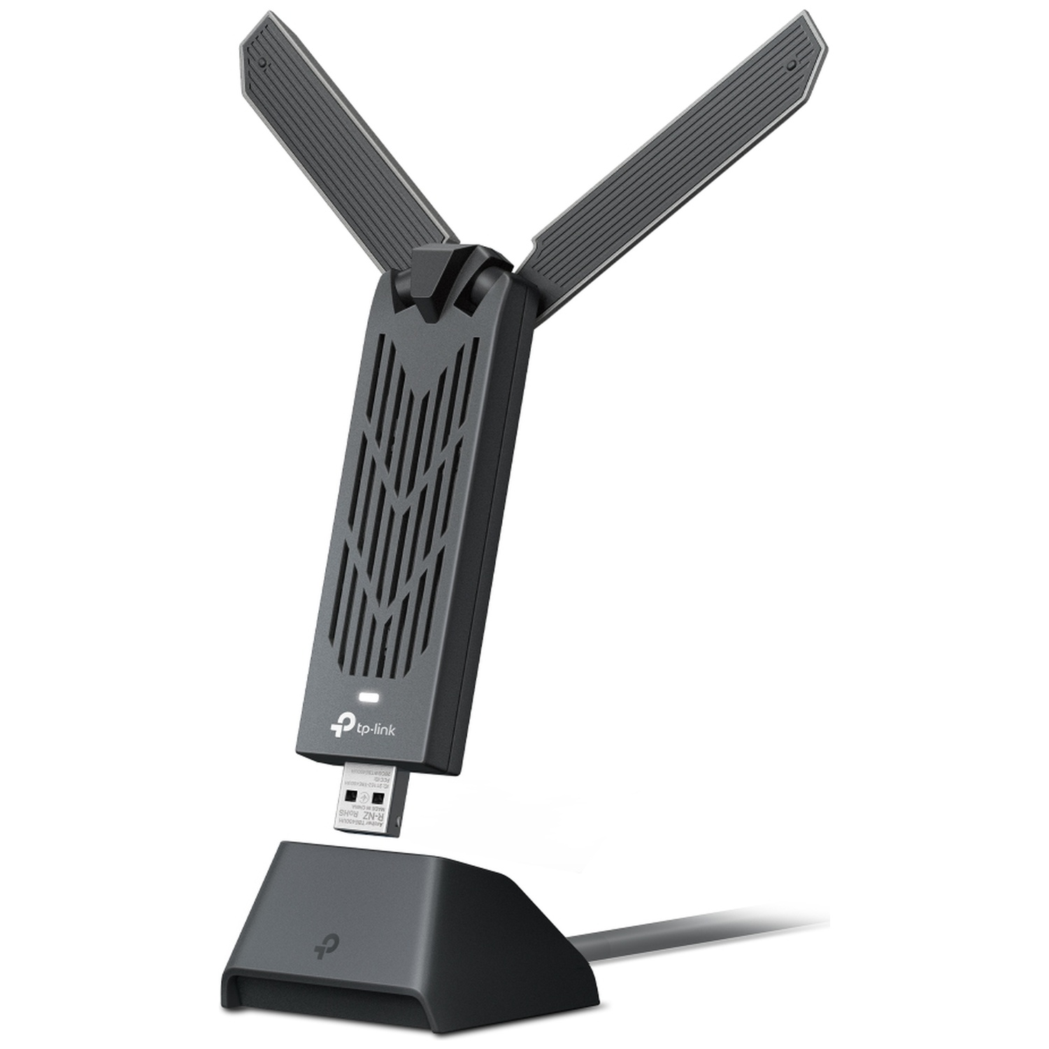 A black tp-link wifi adapter with two antennas. It is connected to a base. The background is white.