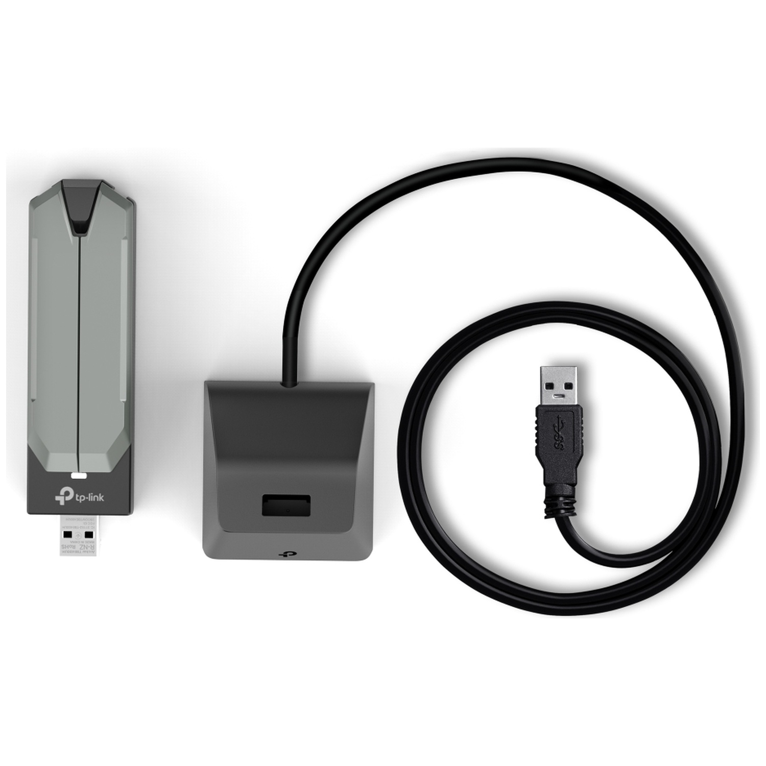A gray and black TP-Link USB adapter, with a black cable leading to a USB connector, set against a white background.
