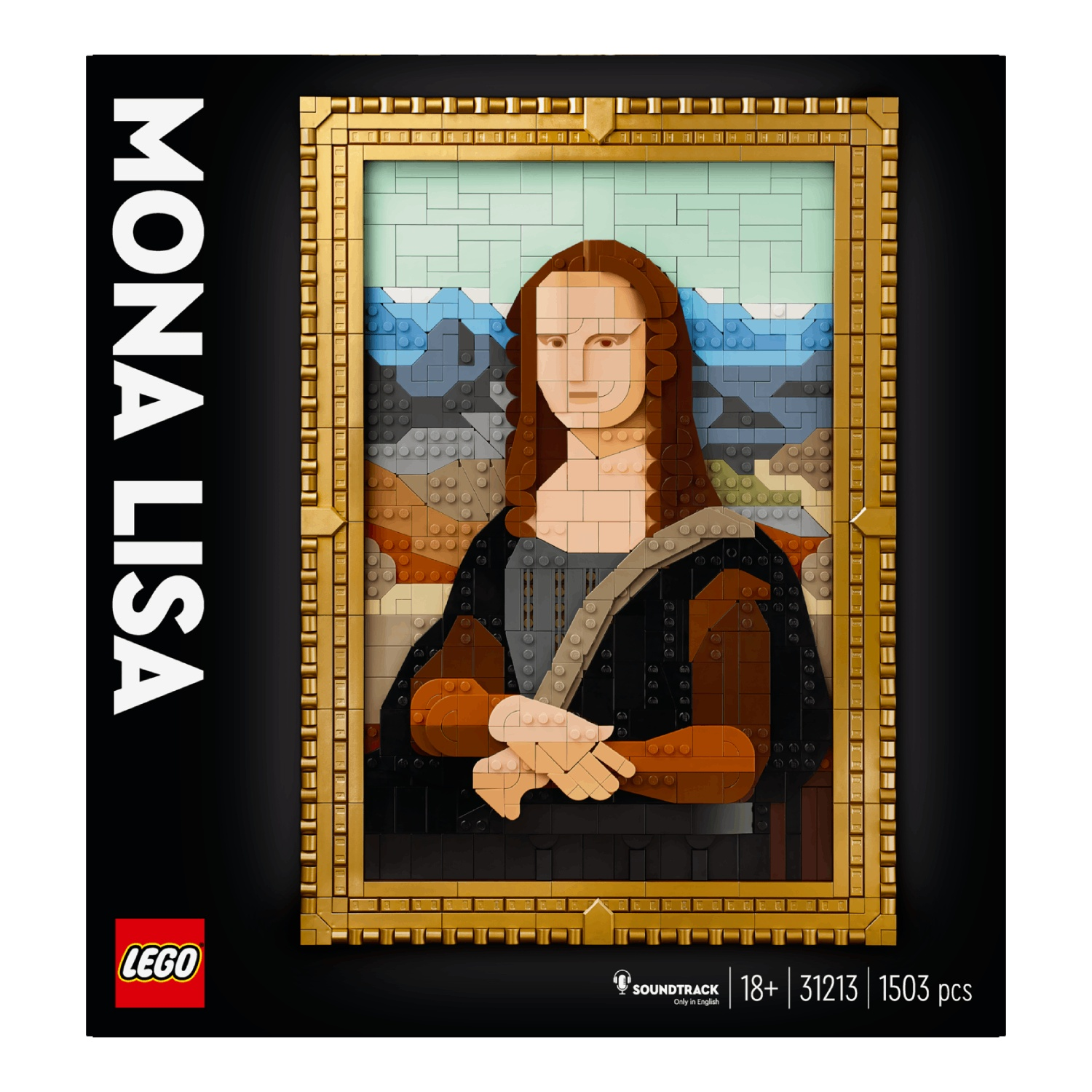 Lego set van Mona Lisa. De afbeelding is gemaakt van Lego stenen, goud omrand en tegen een zwarte achtergrond.
