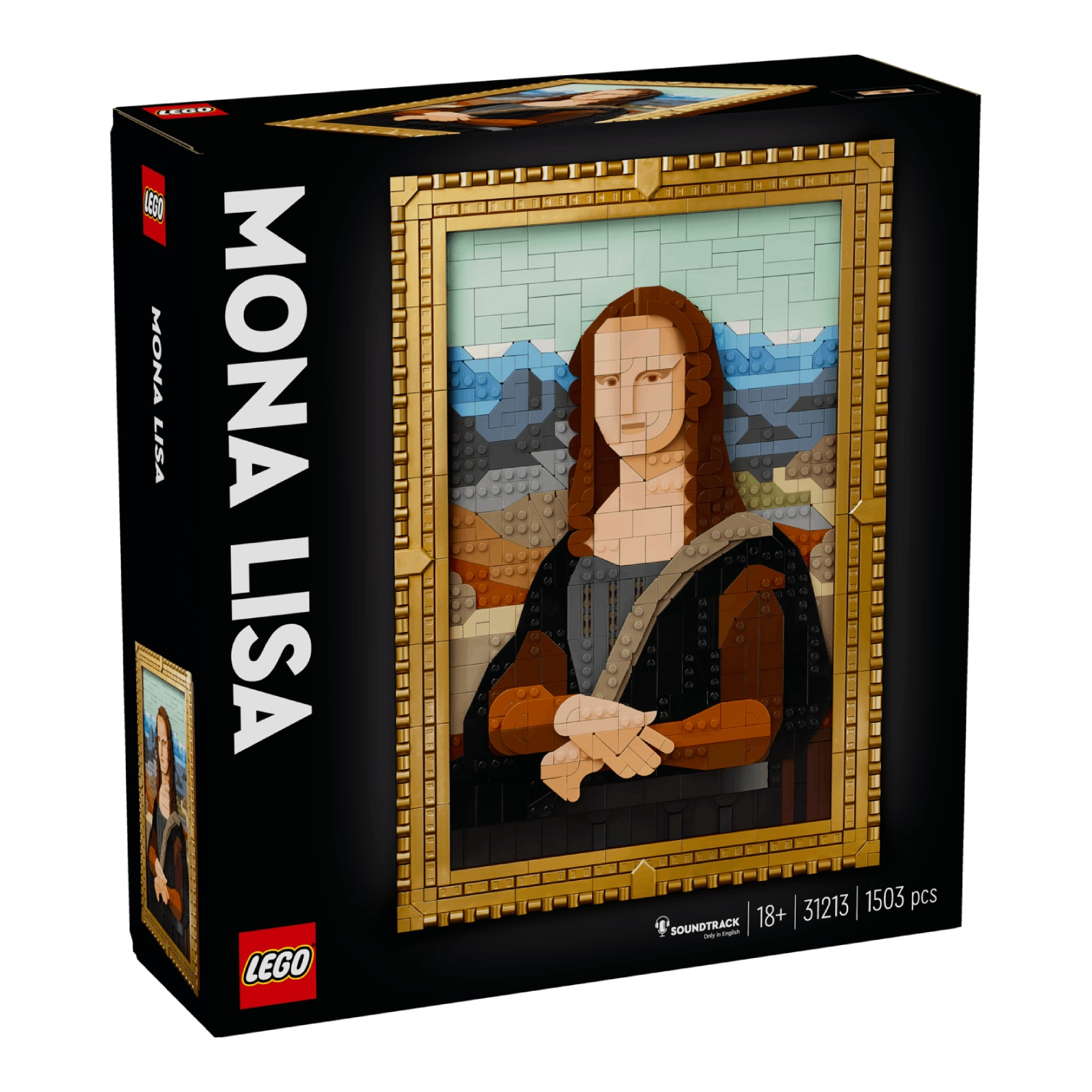 Een Lego doos met het portret van de Mona Lisa. Het zit in een gouden lijst met het Lego logo en tekst op de doos.