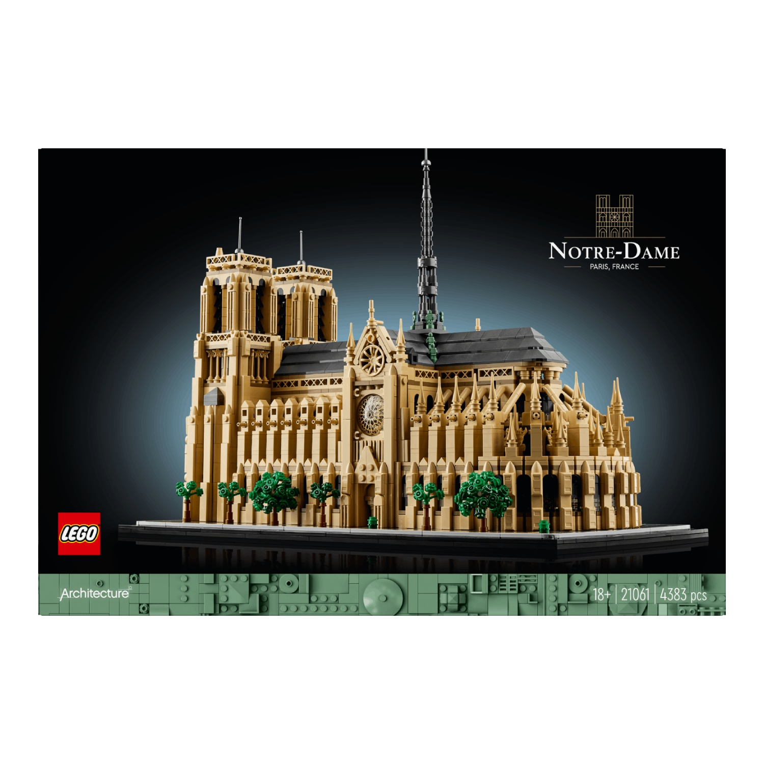 Een Lego-model van de Notre-Dame kathedraal. Het is beige van kleur, met zwarte accenten. De basis is zwart met groene bomen. De achtergrond is donker.