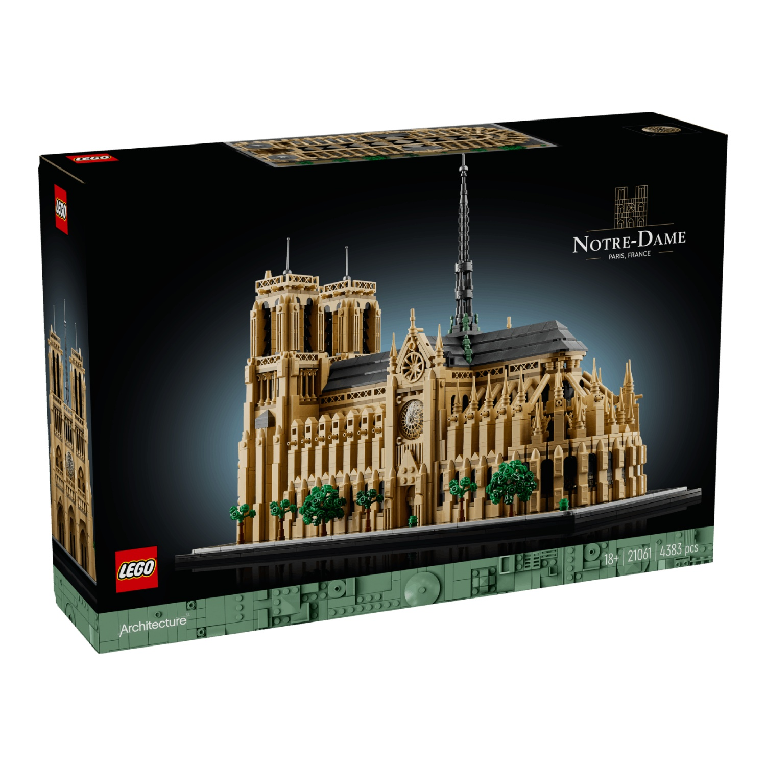 Een Lego-doos van de Notre-Dame kathedraal. De set is beige met groene bomen. De doos is zwart met het Lego-logo.
