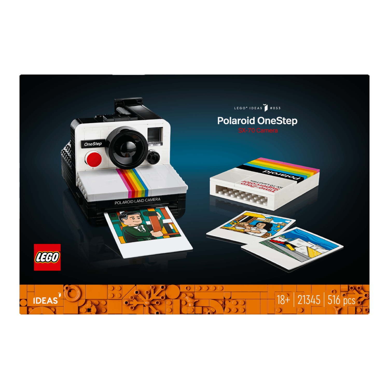 Een Lego Polaroid OneStep-cameraset. Het bevat de camera, een filmpakket en foto's. De doos toont het logo en details van de set.