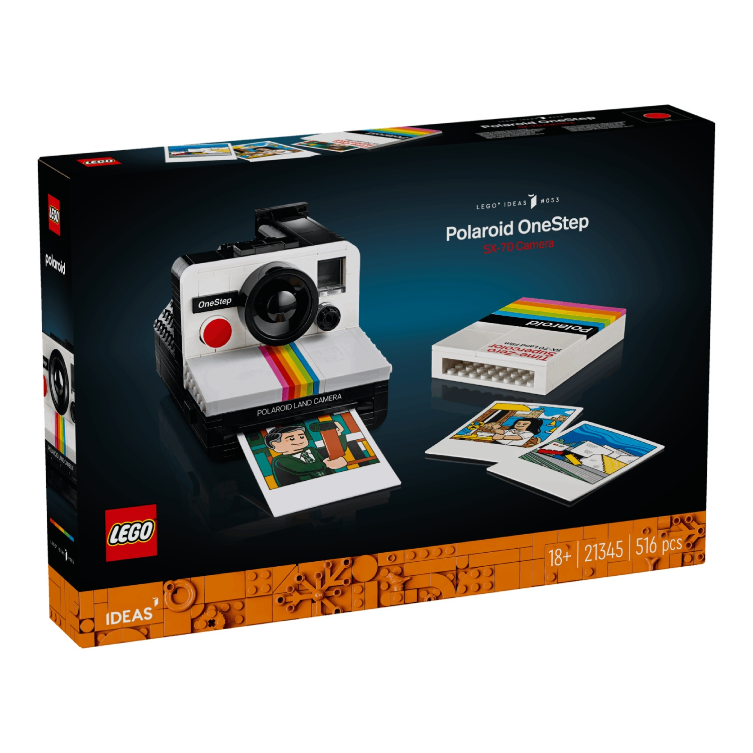 Een Lego Polaroid OneStep cameradoos met een modelcamera, film en foto's. De doos is zwart met oranje accenten en Lego-merk.
