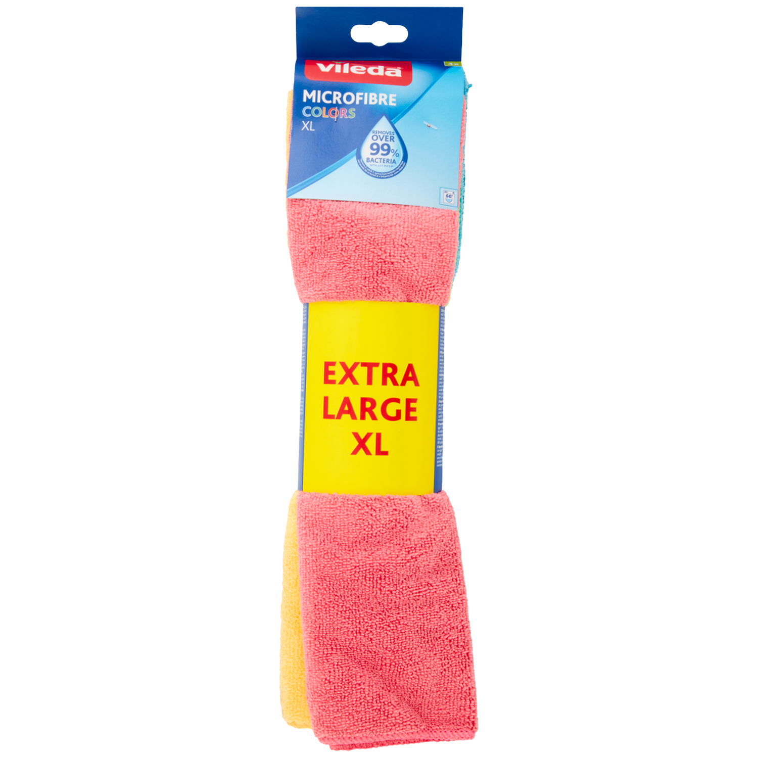 Verpakking Vileda microvezeldoeken. Twee roze doeken, één gele doek. Verpakking zegt 'EXTRA LARGE XL' en 'MICROFIBRE COLORS'.