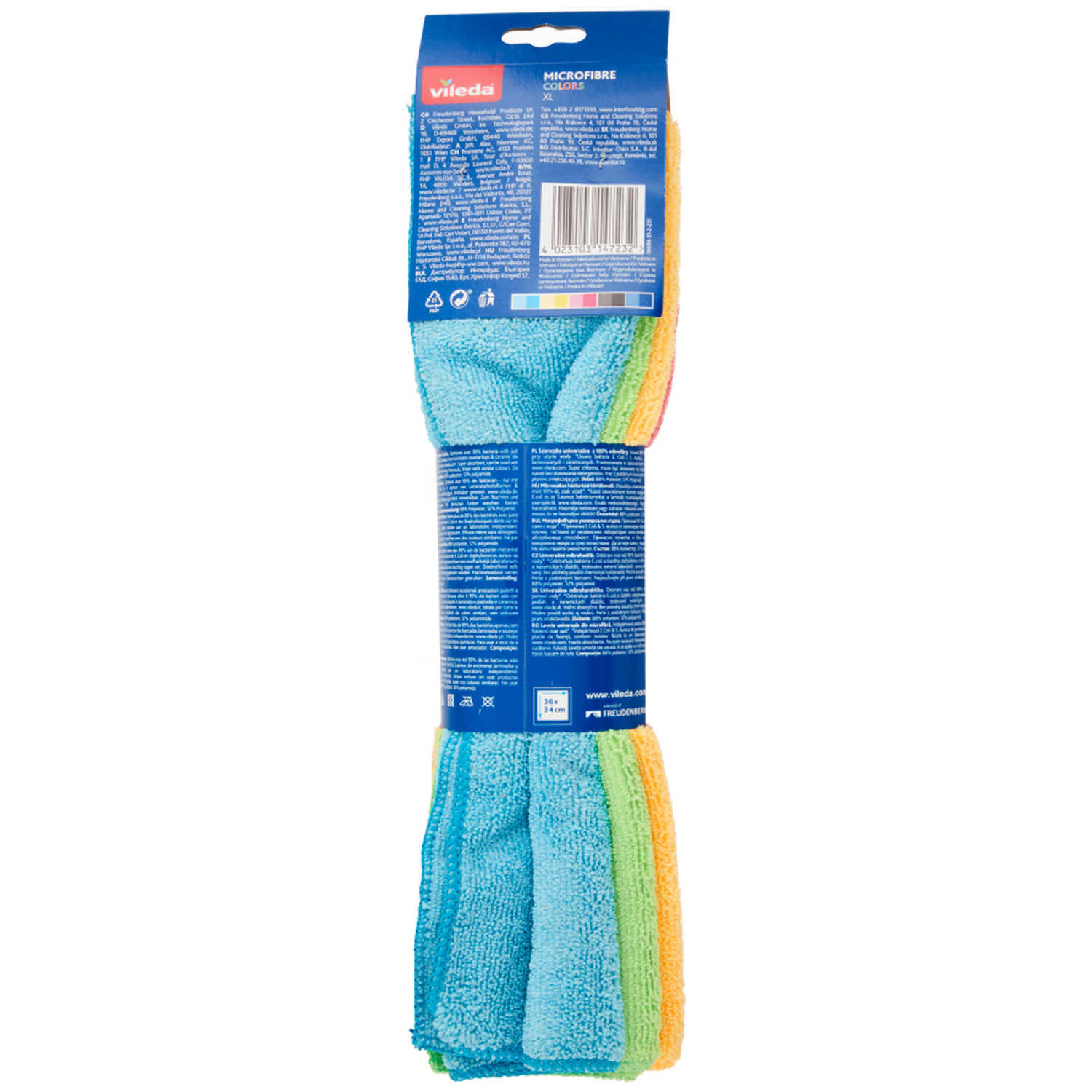 Een verpakking Vileda microvezeldoeken in blauw, groen, oranje en geel, met productinformatie op de achterkant.