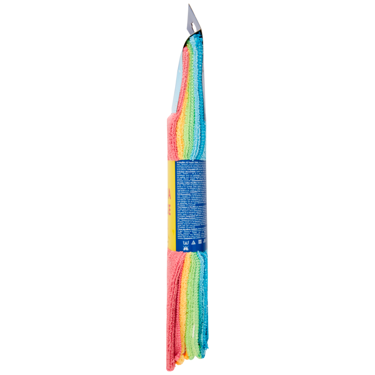 Een verpakking kleurrijke microvezeldoeken. De doeken zijn verticaal gestapeld, met rood, oranje, geel, groen, blauw en paars.