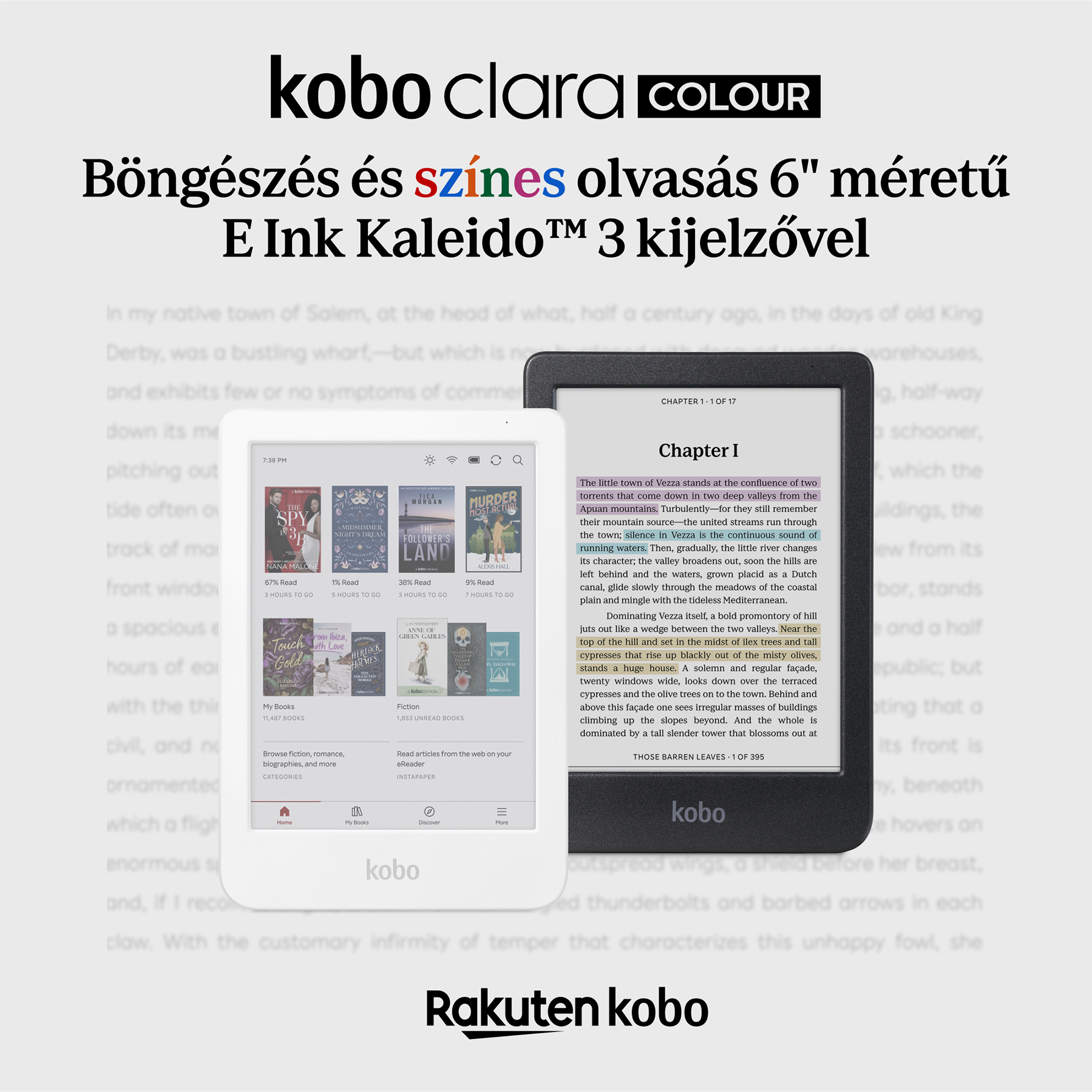 Egy e-könyv-olvasó szöveget jelenít meg, amelyet egy fehér keret vesz körül. A Kobo márka felül található, szöveggel és logóval együtt.