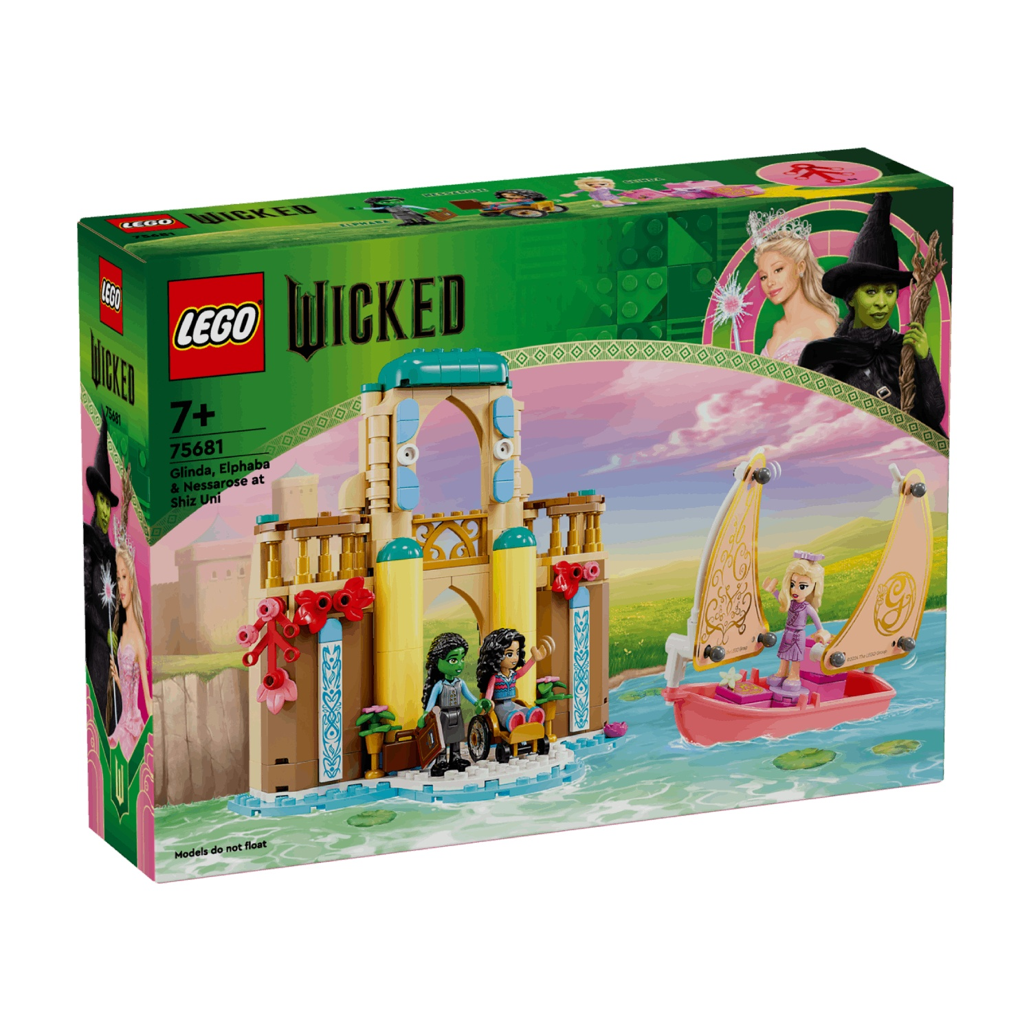 Lego Wicked doos met de personages Elphaba, Glinda en Nessarose. De set bevat een boot en een gebouw in een fantasielandschap.