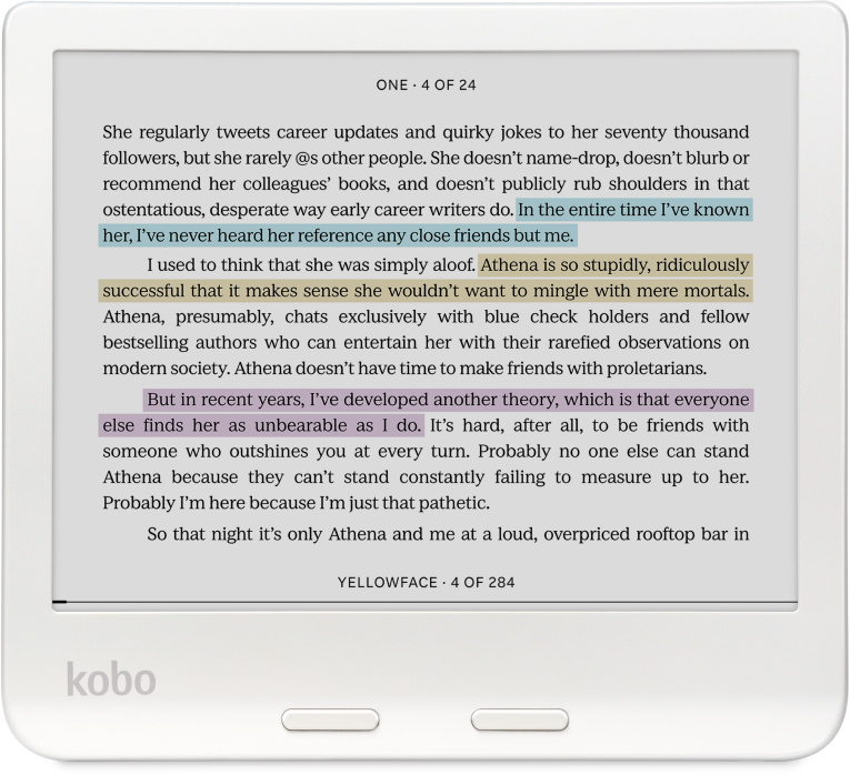 A Kobo e-könyv-olvasó egy könyv szövegét jeleníti meg. A szöveg kék, sárga és lila színnel van kiemelve.