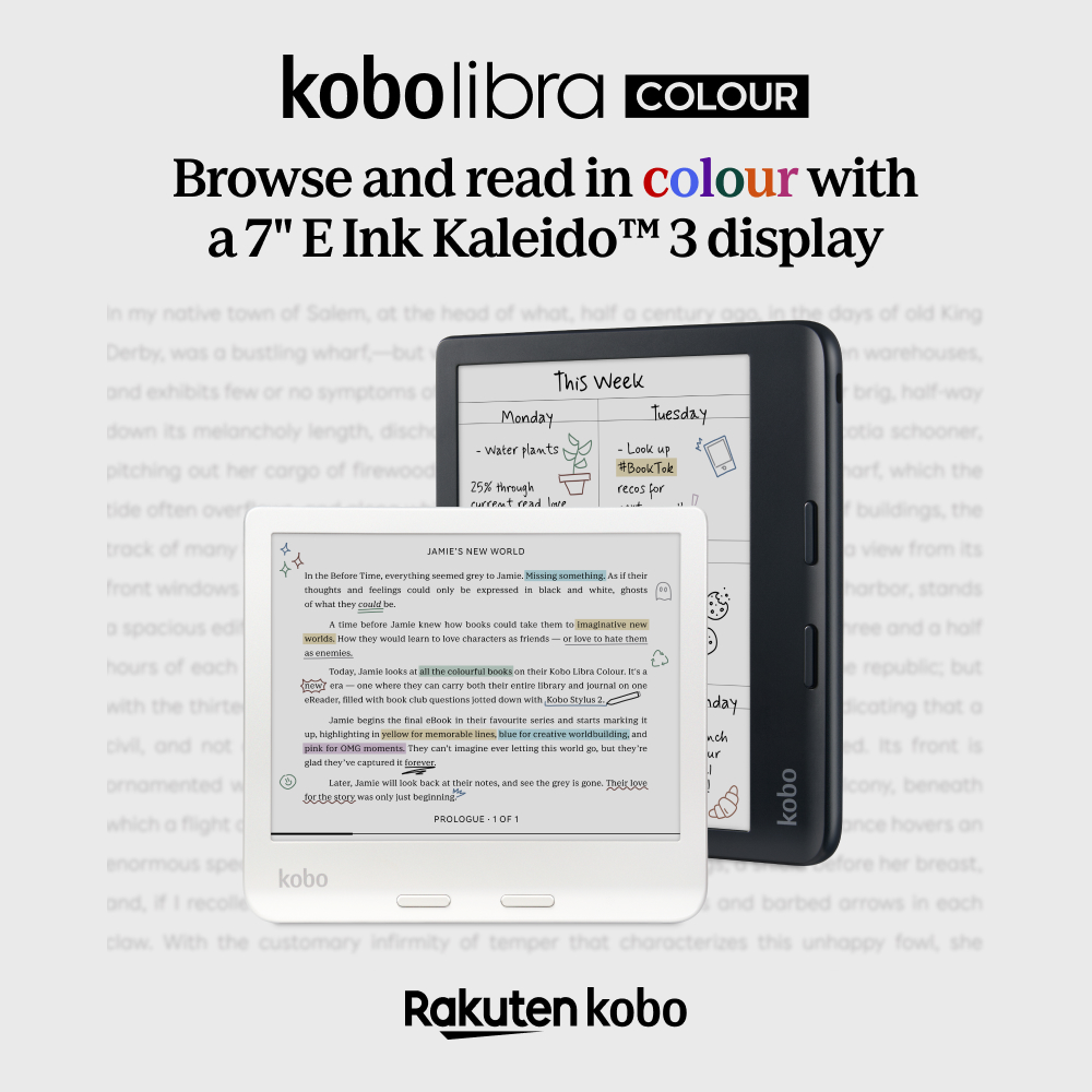 Kobo Libra Colour e-könyv-olvasó szöveggel, színes olvasás. A képernyőn egy könyv és jegyzetek láthatók.