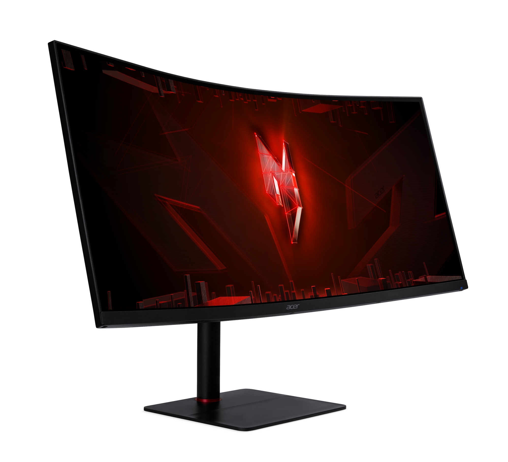 Monitor Acer Predator curvo. Logo rosso sullo schermo, cornice, base e supporto neri. Sfondo bianco.