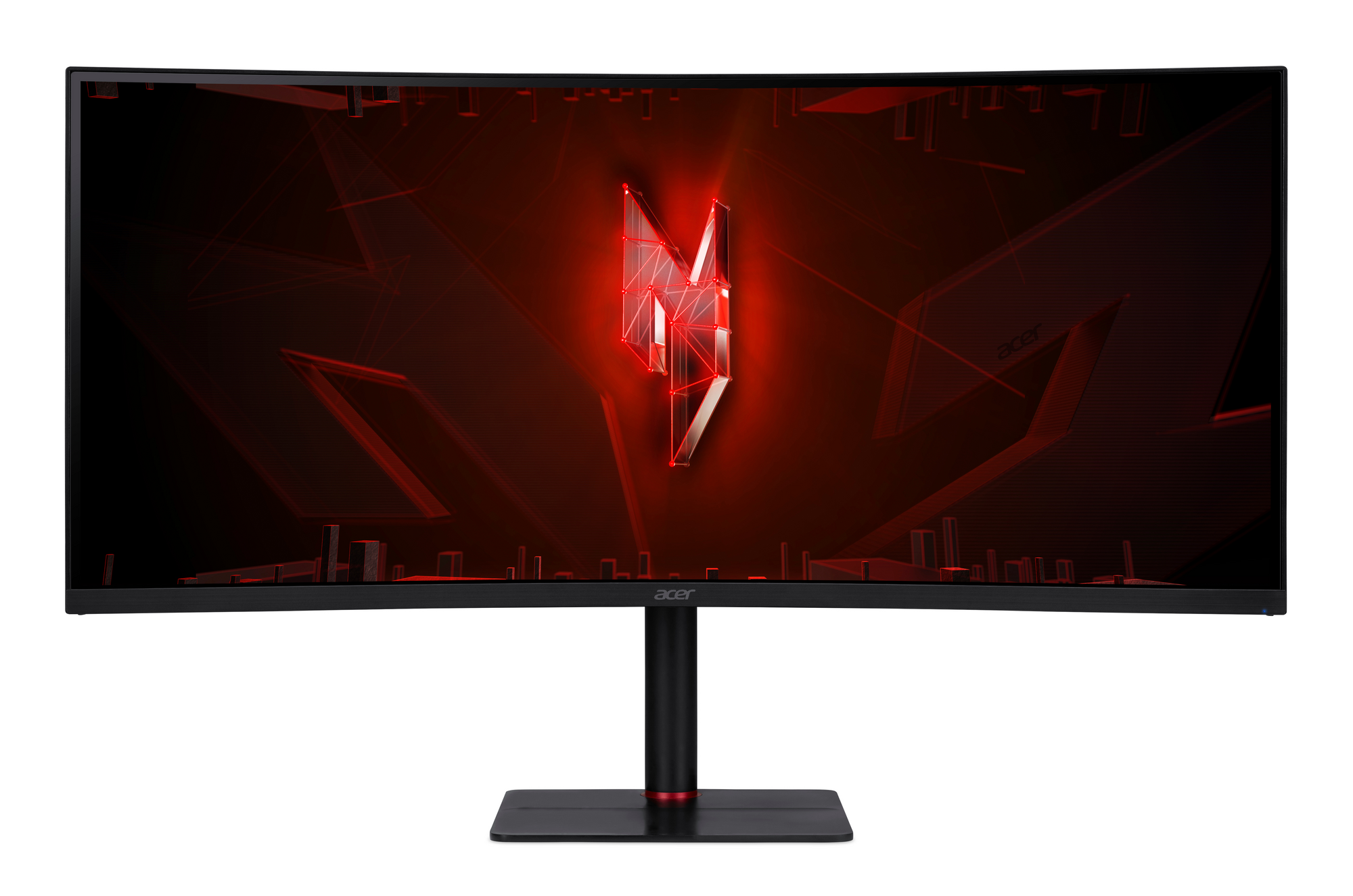 Monitor Acer curvo. Lo schermo mostra un logo rosso su sfondo nero. Il supporto è nero con un accento rosso.