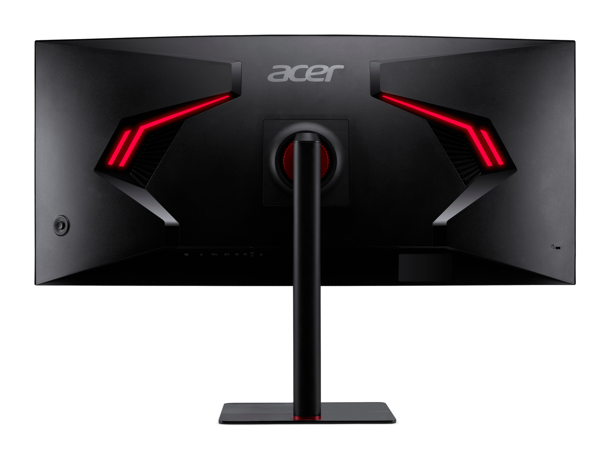 Il retro di un monitor gaming Acer nero. Ha dettagli rossi e un supporto. Il logo Acer è visibile in alto.