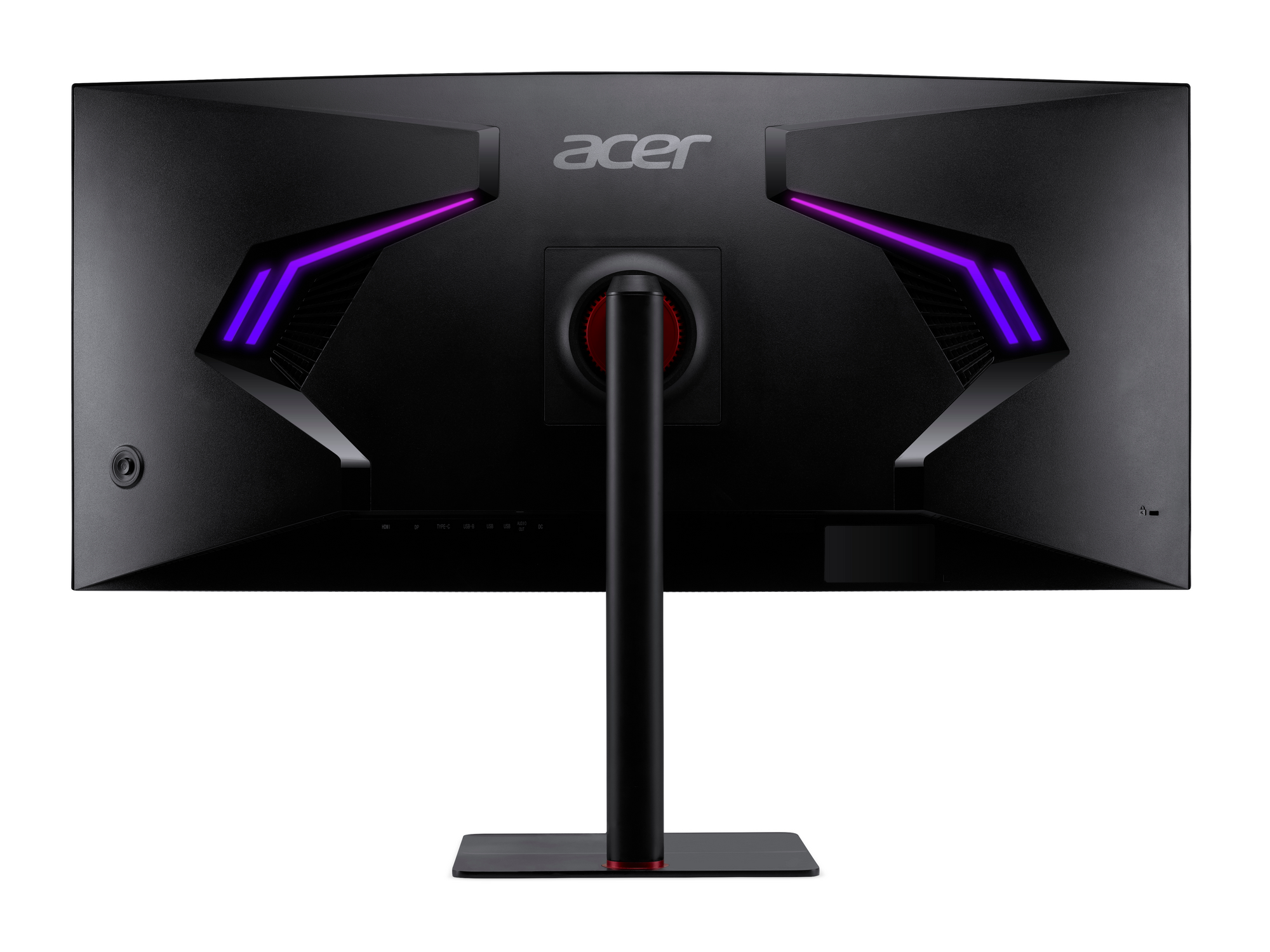 Retro del monitor Acer nero. Dettagli viola sui lati. Dettagli rossi sul supporto. Sfondo bianco.