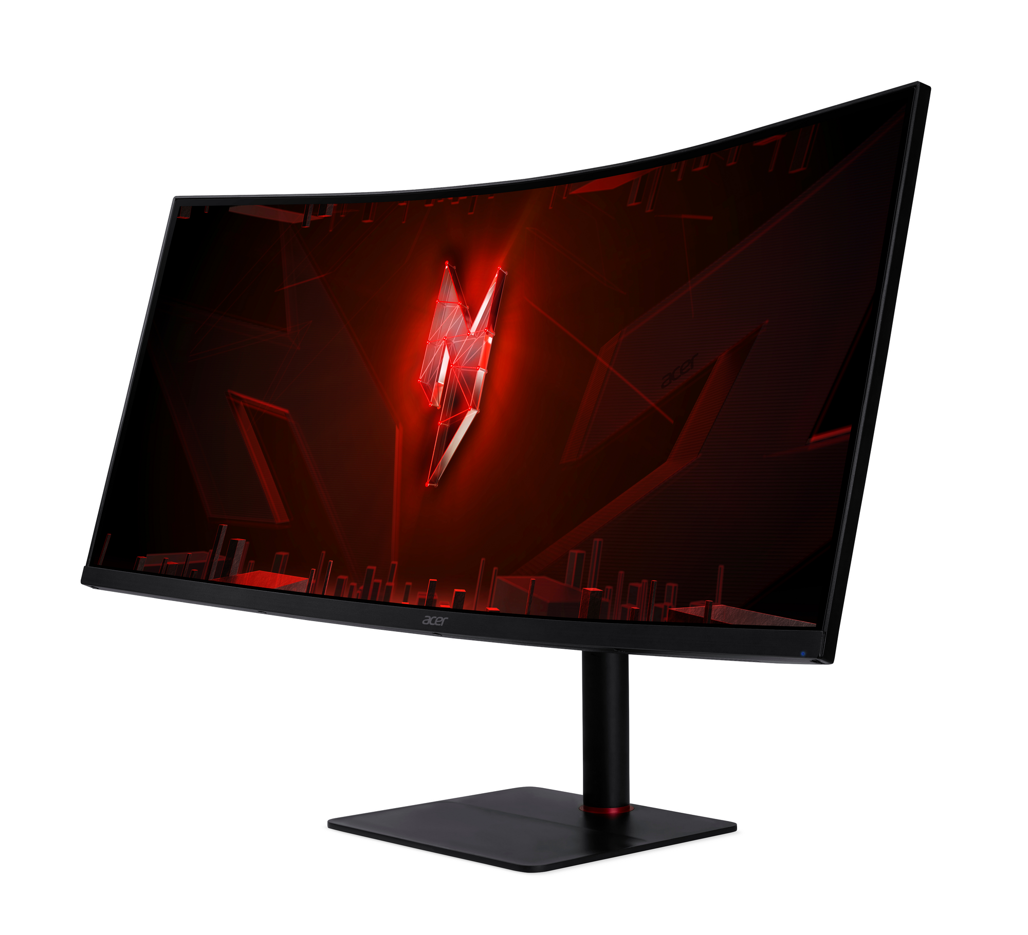 Monitor curvo Acer Predator per gaming. Cornice nera, logo rosso. Display con design astratto rosso e nero.