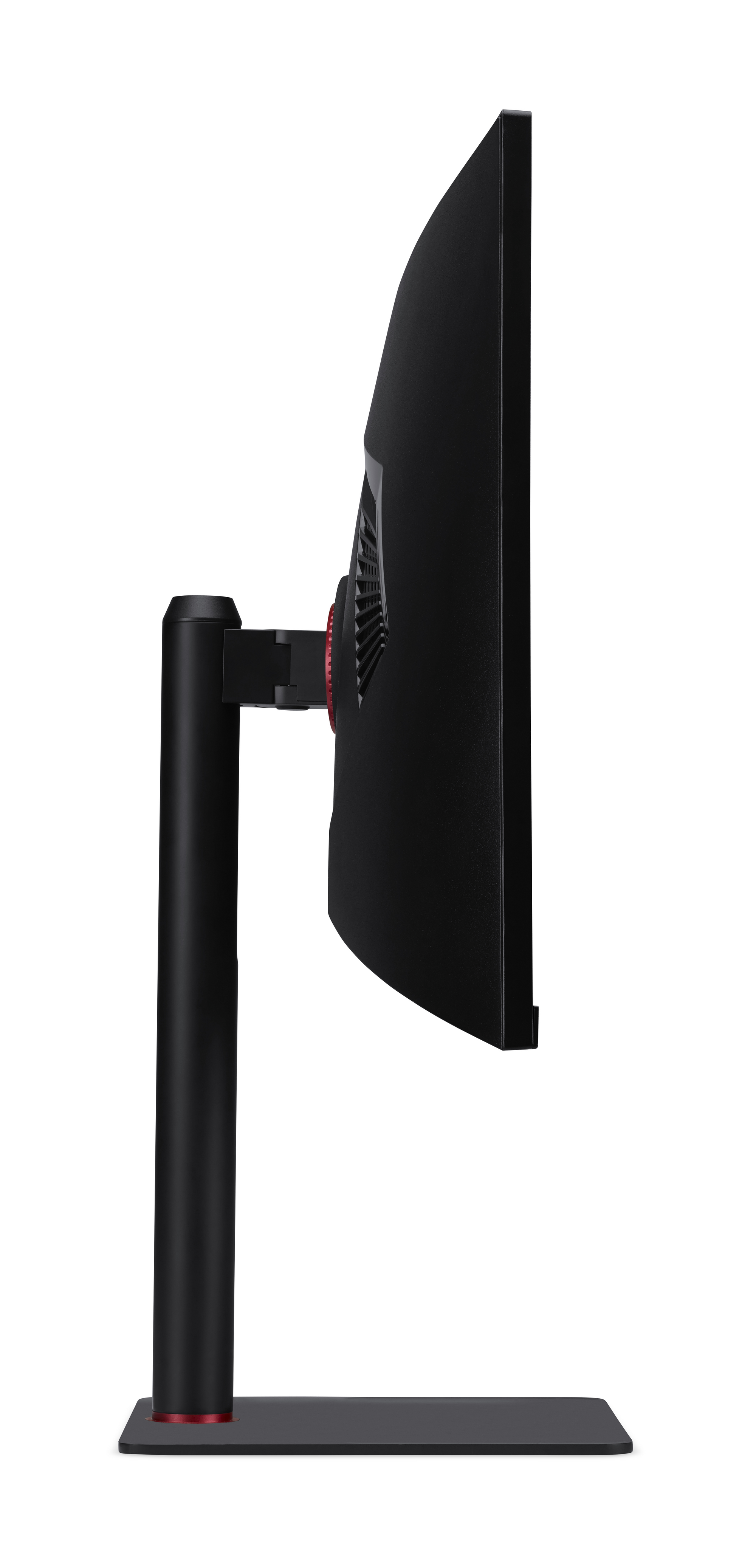 Vista laterale di un monitor nero. Il monitor è curvo, con un supporto nero e un dettaglio rosso.