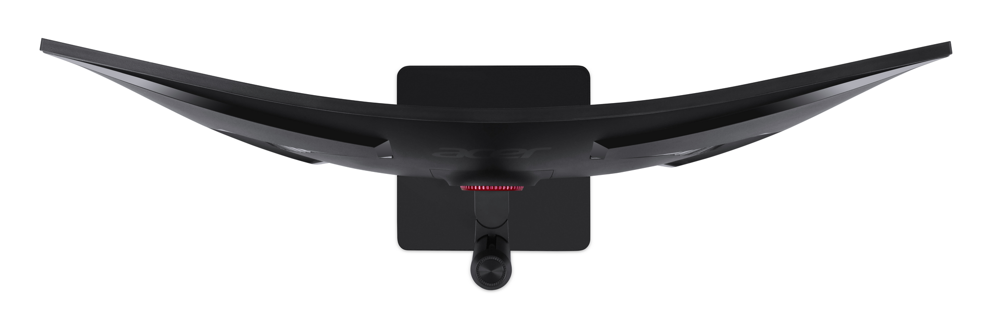 Vista dall'alto di un monitor per computer nero curvo con logo Acer. Anche il supporto e la base sono neri.