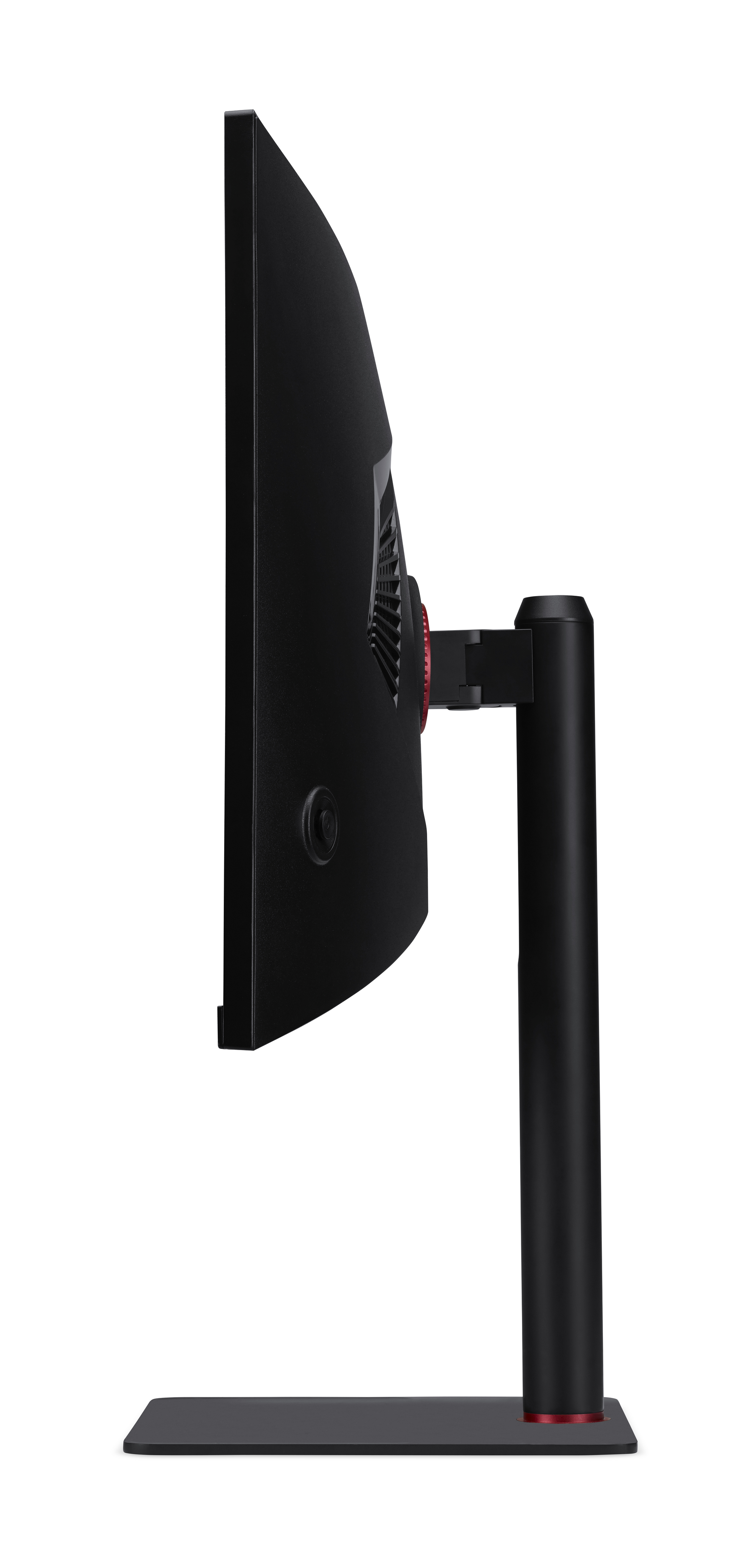 Vista laterale di un monitor per computer nero con schermo curvo. Ha un supporto nero e dettagli rossi.