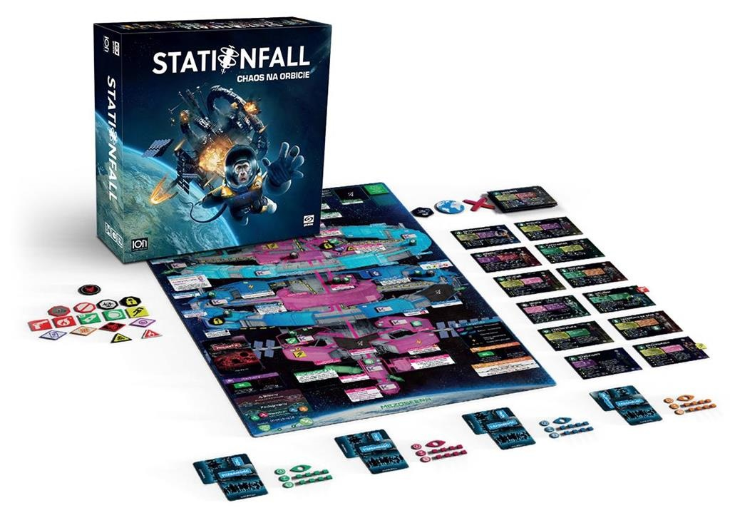 Pudełko gry planszowej z grafiką astronauty, plansza z statkami kosmicznymi, kartami i żetonami na białej powierzchni.