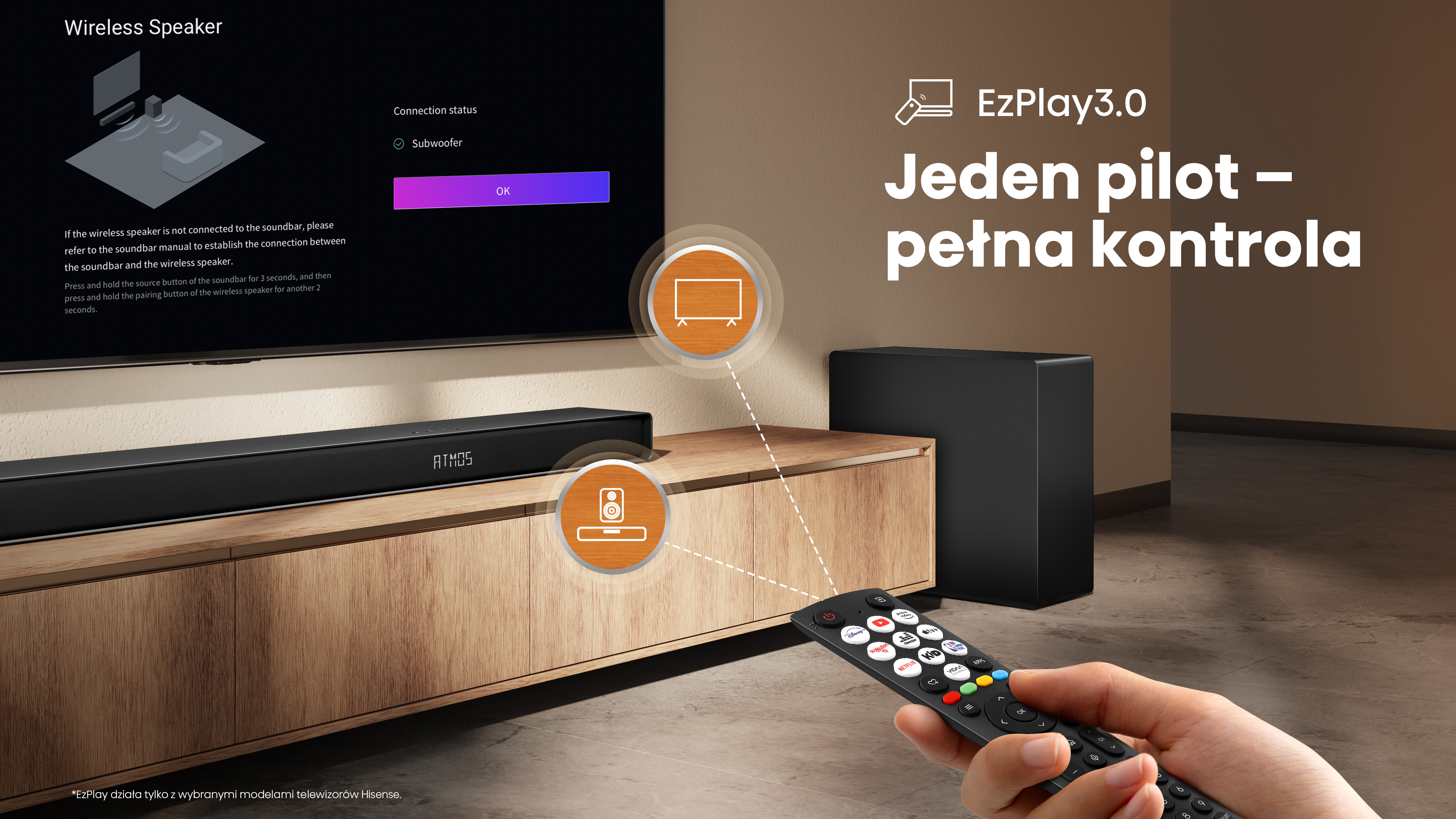 Ekran konfiguracji TV i soundbaru, pilot w dłoni. Subwoofer podłączony. Drewniana szafka, czarny głośnik i czarny telewizor.