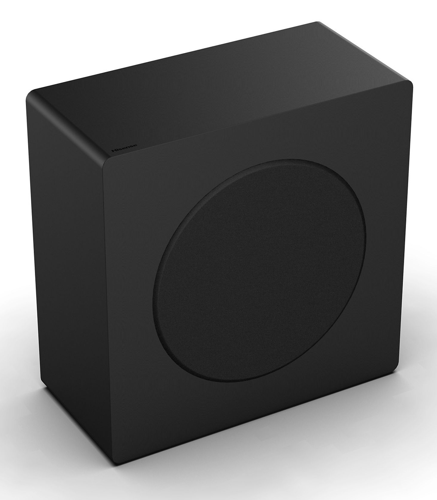 Czarny subwoofer z okrągłym głośnikiem. Widoczna marka 'Hisense'. Tło jest białe.