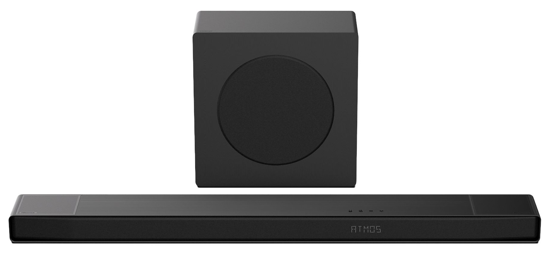 Czarny zestaw soundbar i subwoofer. Subwoofer to kostka z okrągłym głośnikiem. Na soundbarze napis ATMOS.