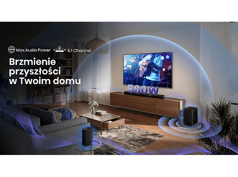 Soundbar HISENSE AX5100Q Czarny 5.1-kanałowy, Bezprzewodowy Subwoofer, HDMI eARC. BT, 7 trybów AI EQ, Dolby Atmos, DTS:X – zdjęcie 2