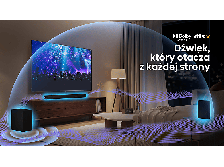 Soundbar HISENSE AX5100Q Czarny 5.1-kanałowy, Bezprzewodowy Subwoofer, HDMI eARC. BT, 7 trybów AI EQ, Dolby Atmos, DTS:X – zdjęcie 3