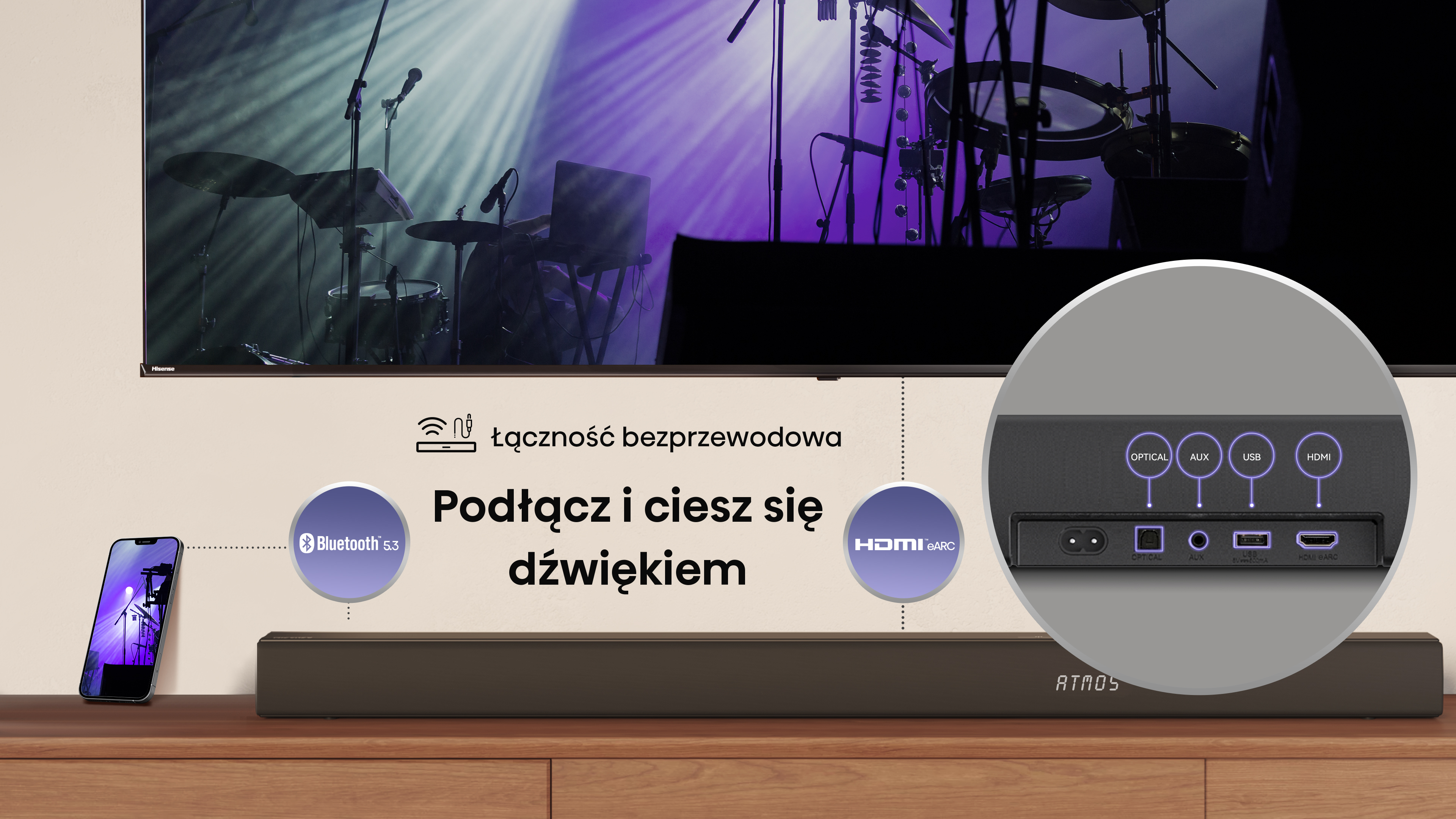 Obraz przedstawia soundbar z telefonem. Tło pokazuje scenę z perkusją. Bluetooth i HDMI są podświetlone.