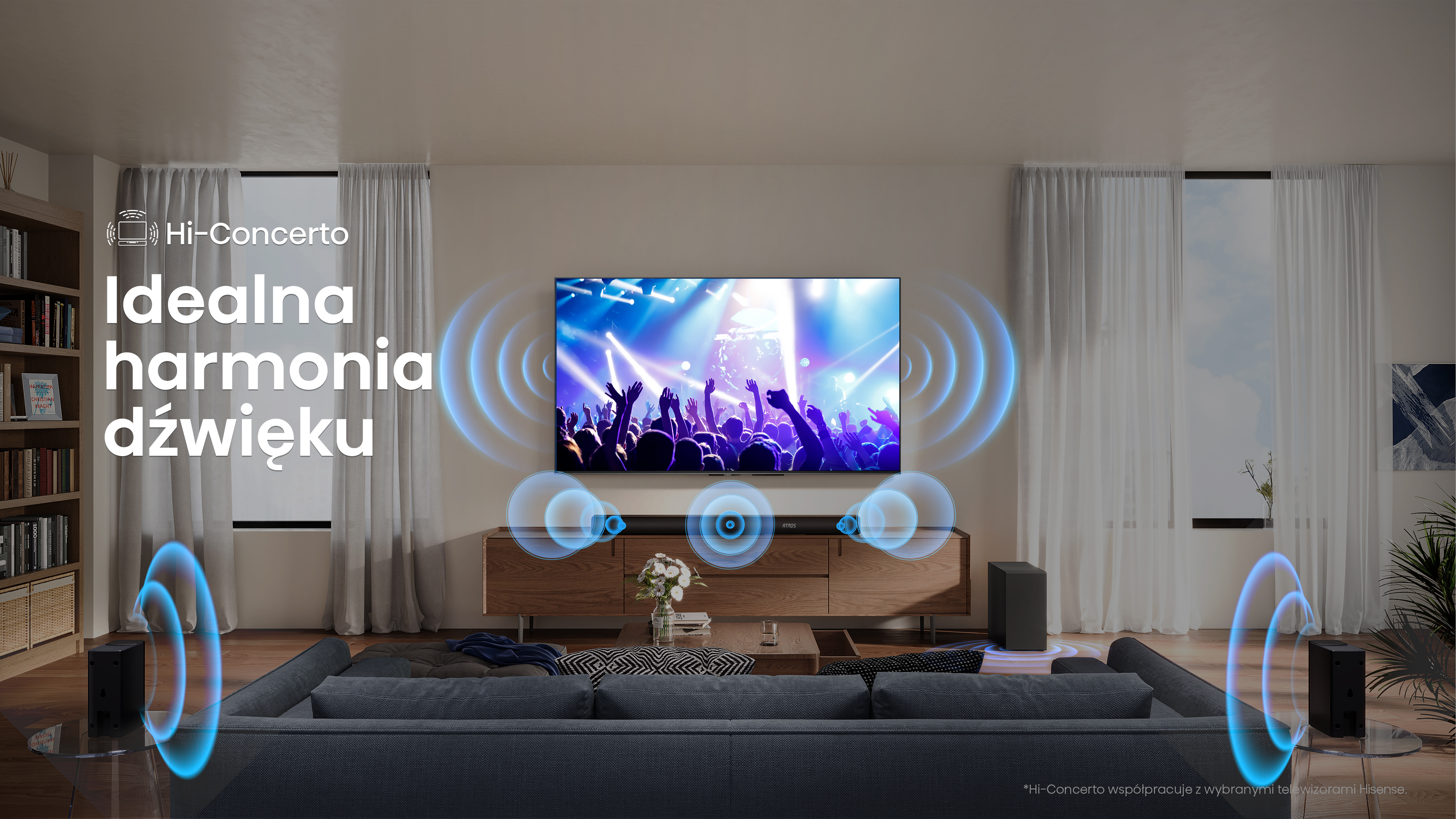 Salon z TV, soundbarem i głośnikami. TV pokazuje koncert. Tekst: 'Idealna harmonia dźwięku'.