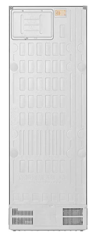 Tył lodówki z białymi panelami. Posiada prostokątne sekcje, otwory wentylacyjne i naklejkę wskazującą na użycie cyklopentanu.