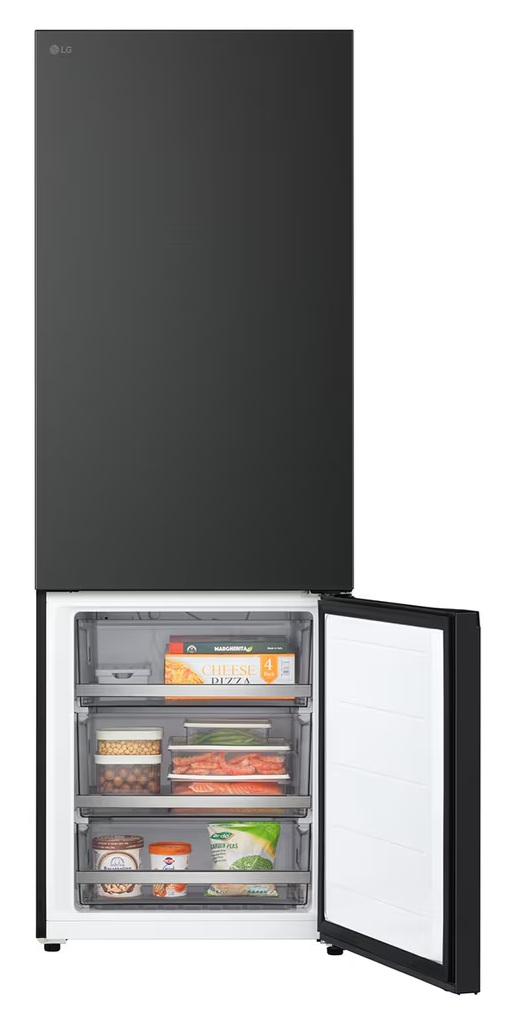 Czarna lodówka LG z otwartymi drzwiami zamrażarki. W środku szuflady z mrożonkami, takimi jak pizza, warzywa i groszek.
