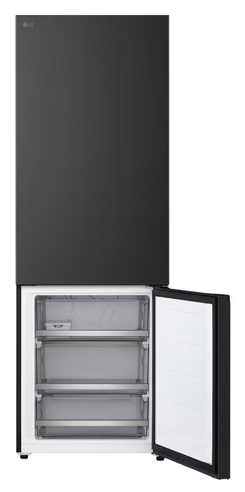 Czarna lodówka LG z otwartymi drzwiami zamrażarki. W środku znajdują się trzy szuflady. Górne drzwi są zamknięte.