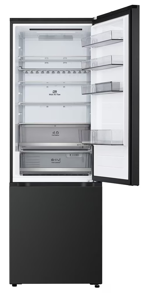 Otwarta czarna lodówka. W środku widoczne półki i szuflady. Drzwi są otwarte, pokazując półki i obszary przechowywania.