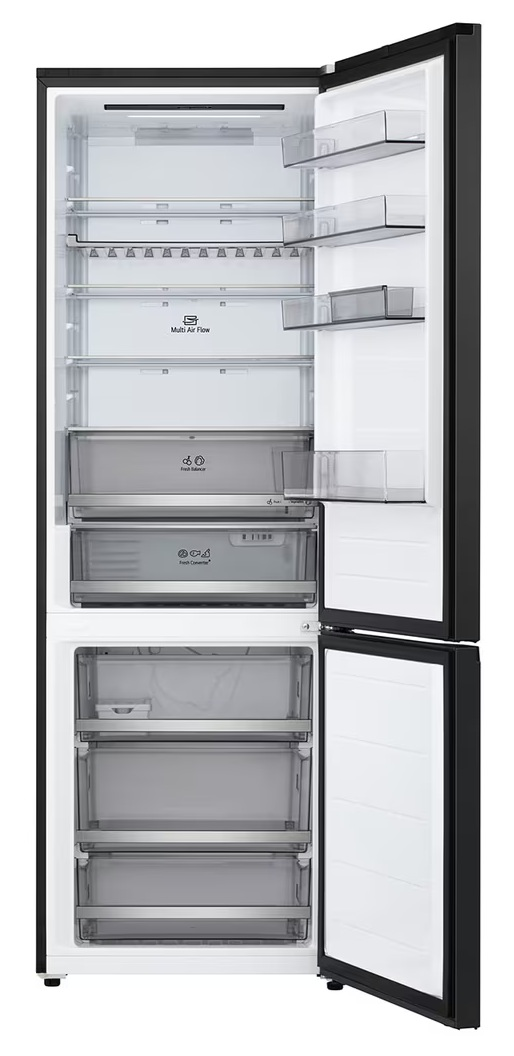 Otwarta lodówka. Wnętrze ma półki, szuflady i przezroczyste plastikowe pojemniki. Czarna rama. Białe wnętrze.