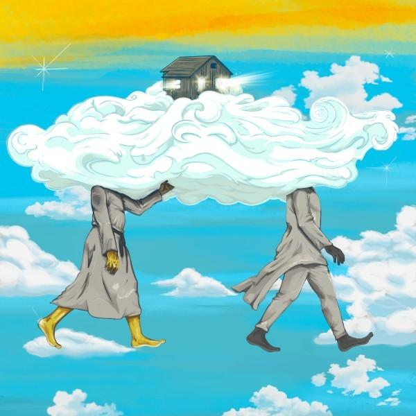 Twee figuren lopen in de lucht, wolken als hoofden. Een huis zit bovenop een wolk. De lucht is blauw en geel.