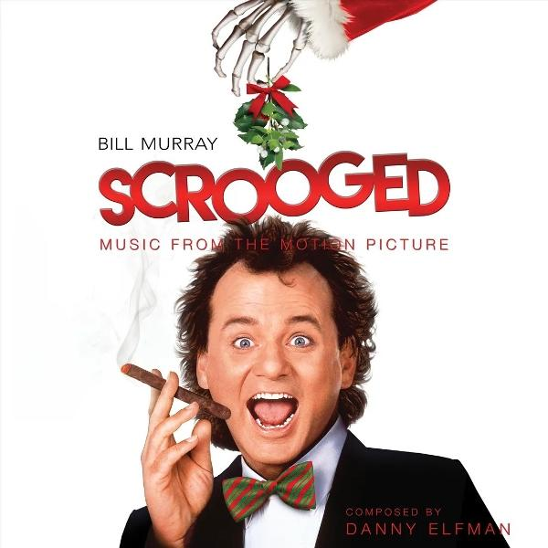 Filmposter für Scrooged. Bill Murray hält eine Zigarre und sieht überrascht aus. Eine Skeletthand hält Mistel darüber. Roter Text: Scrooged.