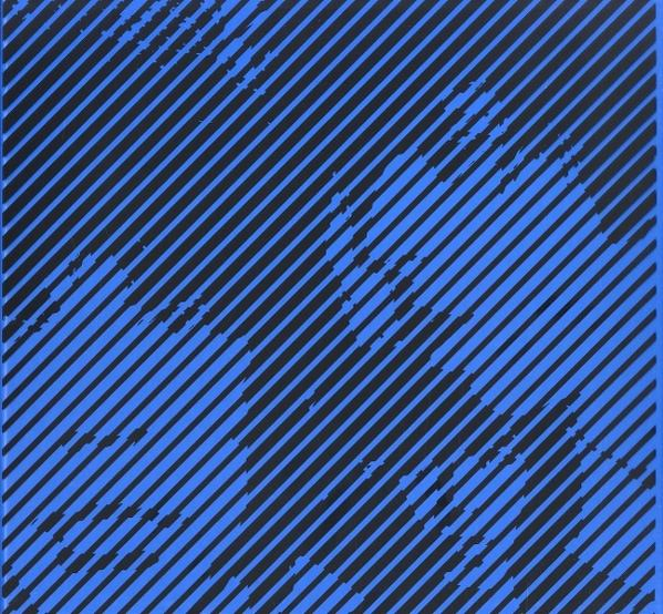 Abstract art with blue and black diagonal lines forming an image in the center. The lines vary in thickness and density.